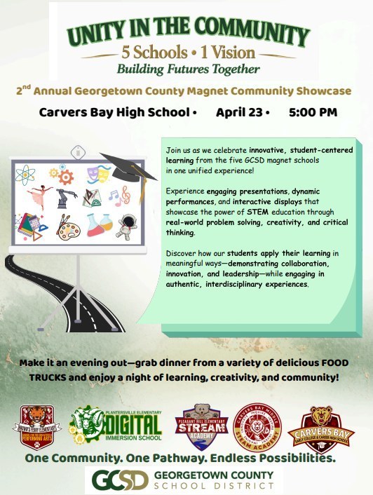 A flyer promoting the “Unity in the Community: 5 Schools, 1 Vision” Georgetown County Magnet Community Showcase. The event will take place at Carvers Bay High School on April 23 at 5:00 PM. The flyer highlights student presentations, performances, and interactive displays focused on STEM and creative learning. It features logos of participating magnet schools, a graduation cap graphic, and a message encouraging families to attend and enjoy food trucks while celebrating student innovation and collaboration.