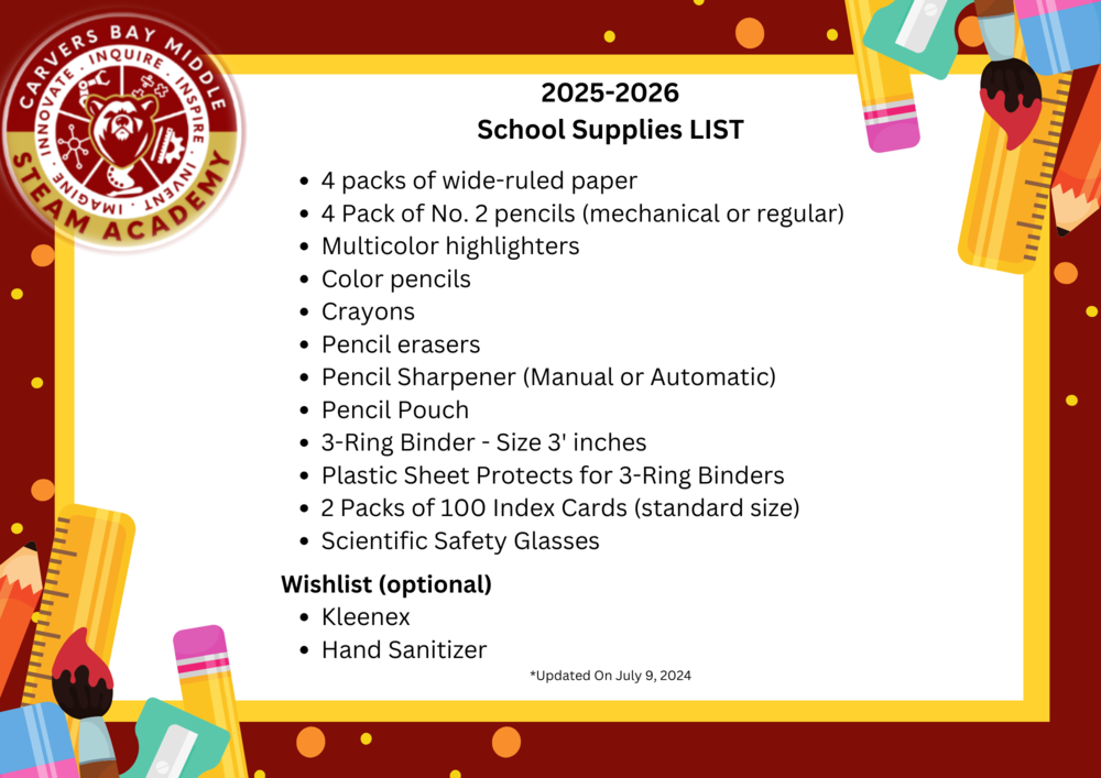 2025-2026 School Supplies LIST 4 packs of wide-ruled paper 4 Pack of No. 2 pencils (mechanical or regular) Multicolor highlighters Color pencils Crayons Pencil erasers Pencil Sharpener (Manual or Automatic) Pencil Pouch 3-Ring Binder - Size 3' inches Plastic Sheet Protects for 3-Ring Binders 2 Packs of 100 Index Cards (standard size) Scientific Safety Glasses Wishlist (optional) Kleenex Hand Sanitizer *Updated On June 7, 2025