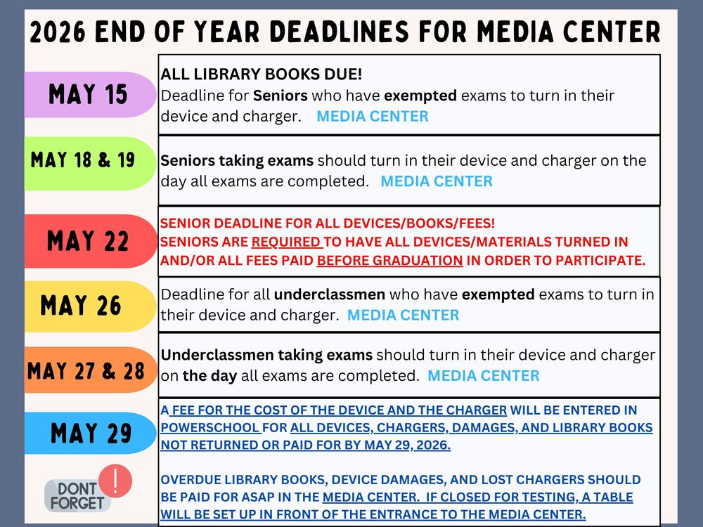 2026 End of Year Student Deadlines for the Media Center