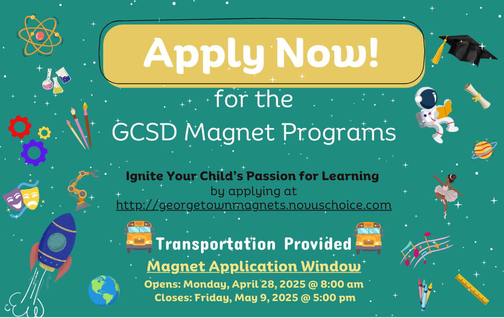 📢 Attention educators and parents in Georgetown County! The Georgetown County School District is pleased to announce that applications for our Magnet Schools will be open from April 28, 2025, at 8 AM until May 9, 2025, at 5 PM. This initiative offers students exceptional educational opportunities tailored to their interests and talents. For more information and to apply, please visit: https://www.gcsd.k12.sc.us/page/magnet-programs 