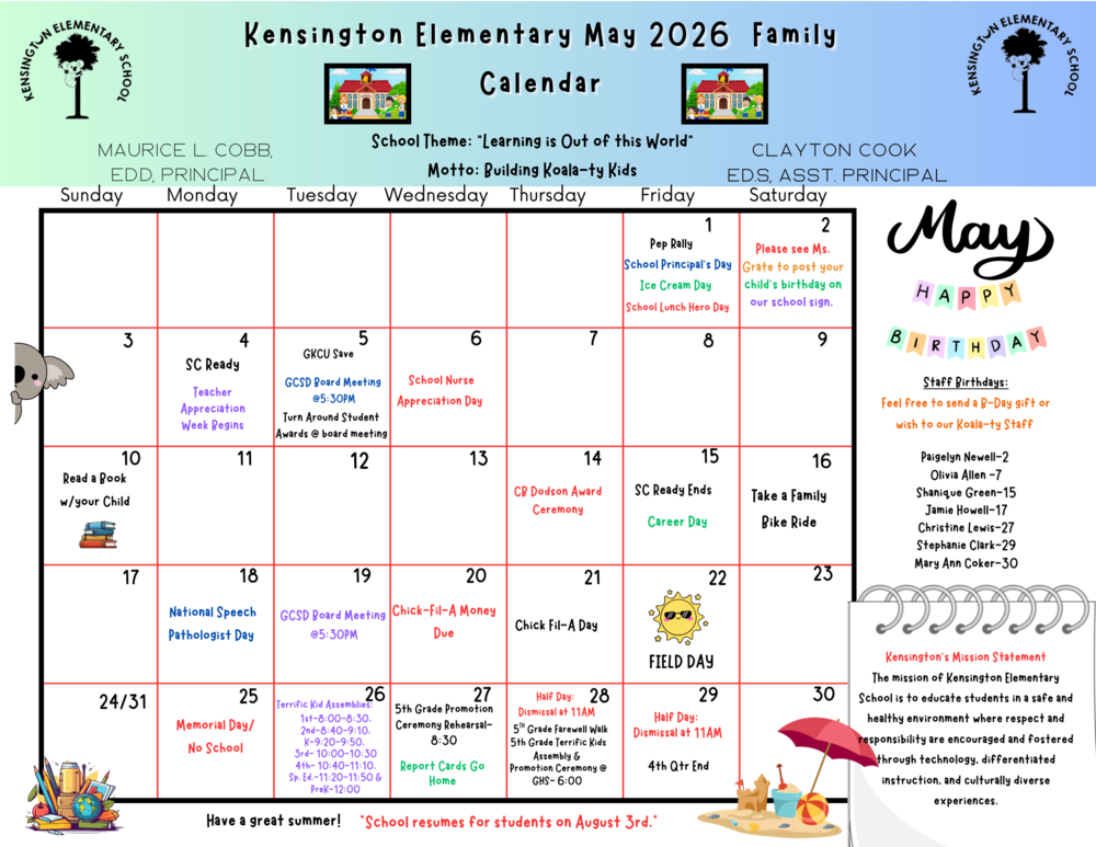 May Calendar of school events