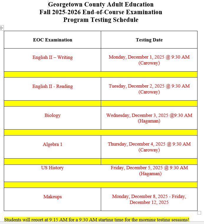 Fall EOC schedule