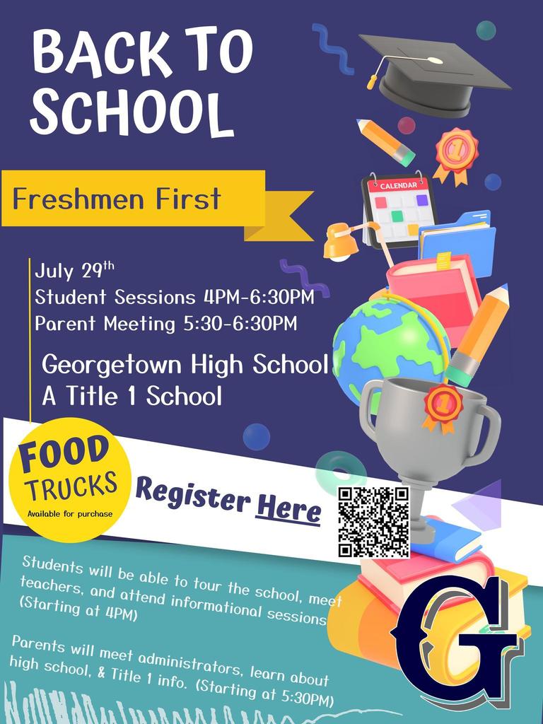 🎉 Freshmen First is happening on Tuesday, July 29th! Incoming 9th graders, join us from 4:00–6:30 PM for fun and informative sessions to kick off your high school journey! 👟 Parents/Guardians, don’t miss the Parent/Guardians Meeting from 5:30–6:30 PM. Let’s start strong — we can’t wait to welcome you to the Freshman Academy!  Register at https://forms.gle/3xvrc5SLMTF8r7bk9 #GeorgetownBulldogs #FreshmenFirst #ClassOf2029 #HighSchoolReady
