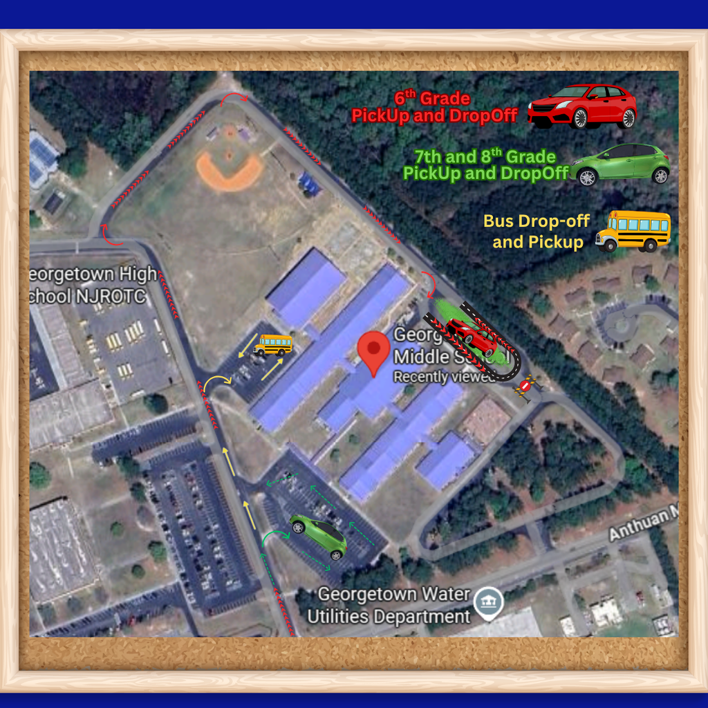     Transportation Pickup and Drop-off Guidelines 2025 - 2026      Dear Bulldog Family,      Please review the following guidelines for picking up and dropping off students to ensure their safety:      ·        Red: 6th Grade – Pickup and Drop-off at the Media Center Door      ·        Green: 7th and 8th Grade – Pickup and Drop-off at the Auditorium Door      ·        Yellow: Bus Riders – Pickup and Drop-off at the Gym Door (Only Buses)      All students will pass through metal detectors at each entrance.        Early dismissal must be completed before 3:00 PM.  ❗️Please note:   You won't be able to pick students up from the front office at dismissal time due to heavy congestion in the front bus area. 🚌    ⏰ After 3:00 PM, you'll need to wait until regular dismissal and pick up your student from the car rider loops. 🚗    Thank you for your cooperation.      Mr. Seth Hillman    GMS Principal    