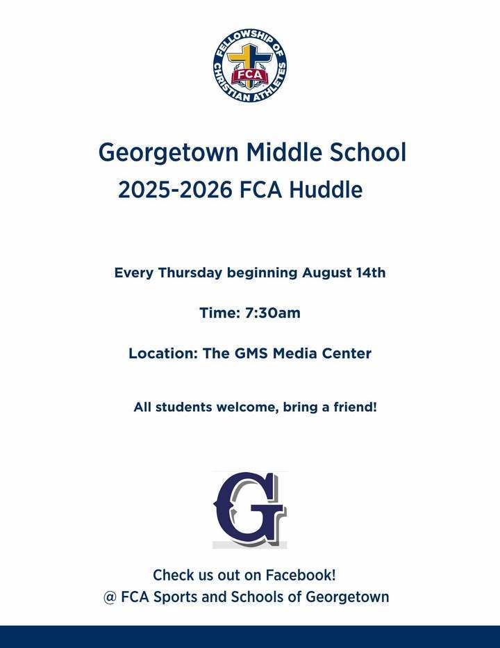 📣 BIG BLUE, it’s that time again! 💙 FCA is BACK and bringing the faith, fun, and positivity our students need to start the year strong! 🙌✨ 📅 Starts: August 14, 2025 🕢 Time: 7:30 PM 📍 Location: GMS Media Center Let’s gather, grow, and glow in faith together!