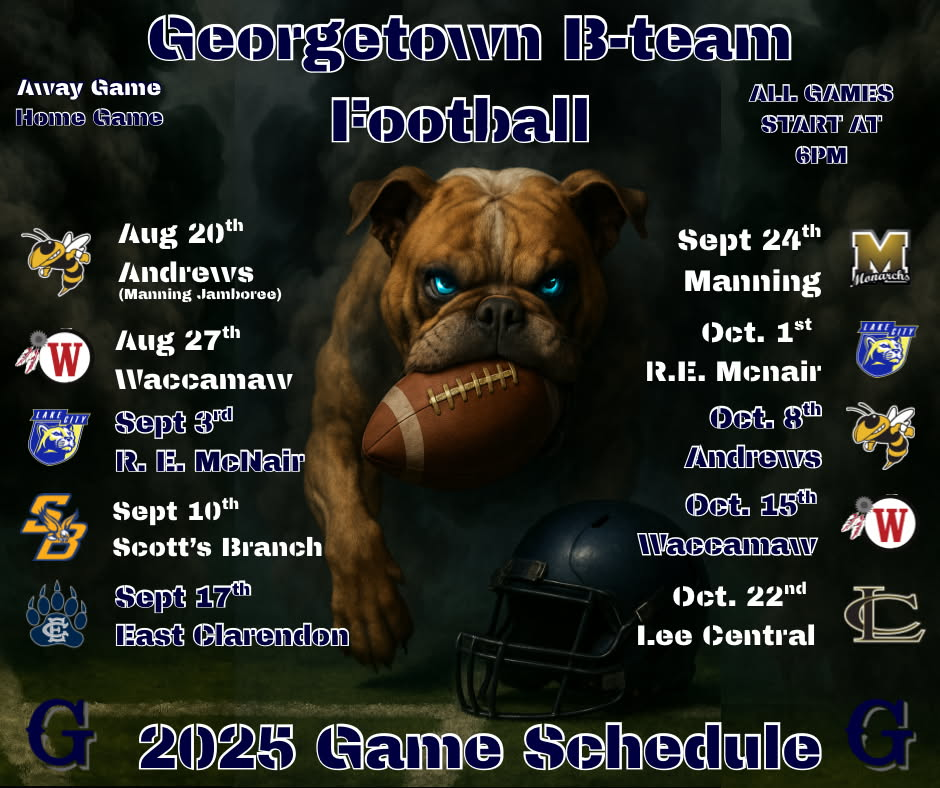 🎉🏈 BBIIIGGGG BLLLUUUEEE YYOOOUUU KNNOOWWWWW!! 💙💙💙 We’re back, and we’re READY!! 🔥🔥 📣 THE CHAMPS ARE HERE! 💪🏾👑 GMS is blazing the field again with that B-TEAM FOOTBALL energy! 💨 You already know how we do! LET’S GO BIG BLUE!! 💥💯 📅 Schedule's out – mark those calendars! 🗓️ 👇🏾 🏈 8/27 – @ Waccamaw – 6PM 🏈 9/3 – 🏠 vs Ronald E. McNair – 6PM 🏈 9/10 – @ Scott’s Branch – 6PM 🏈 9/17 – 🏠 vs East Clarendon – 6PM 🏈 9/24 – @ Manning – 6PM 🏈 10/1 – @ Ronald E. McNair – 6PM 🏈 10/8 – 🏠 vs Andrews – 6PM 🏈 10/15 – 🏠 vs Waccamaw – 6PM 🏈 10/22 – @ Lee Central – 6PM 🏈 10/29 – TBD – TBD 📍Catch us on the field. Bring the energy. Bring the pride. Let’s RUN IT BACK 🔁💙💙💙