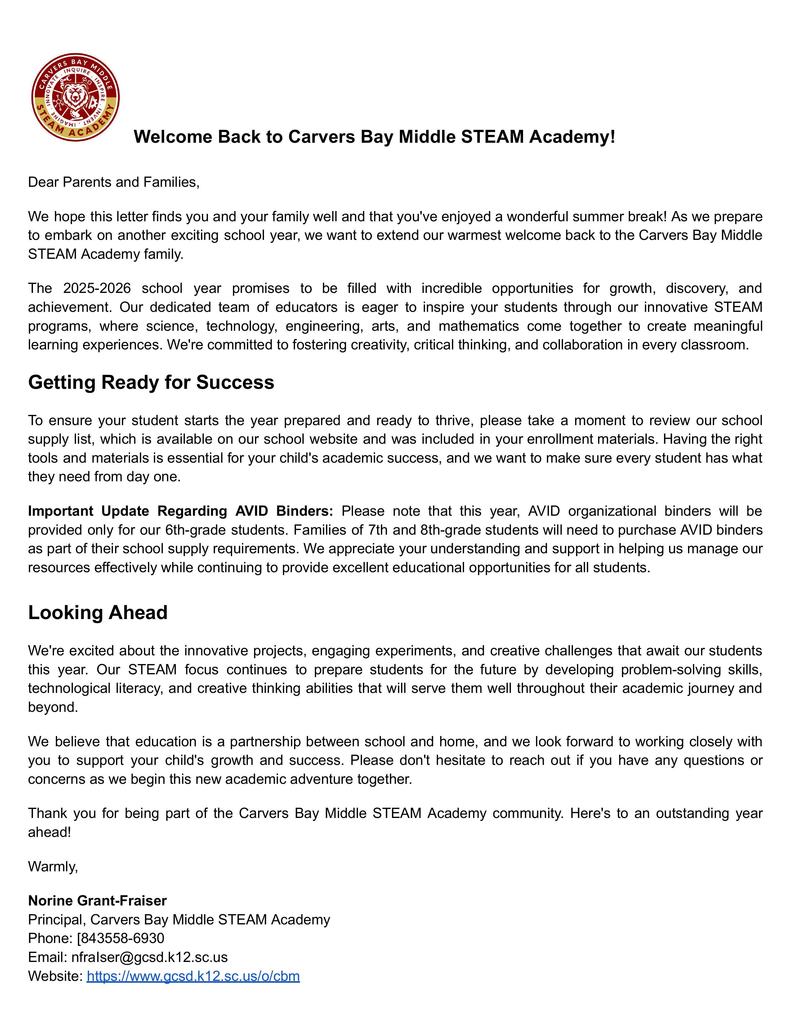 Principal Welcome Back Letter