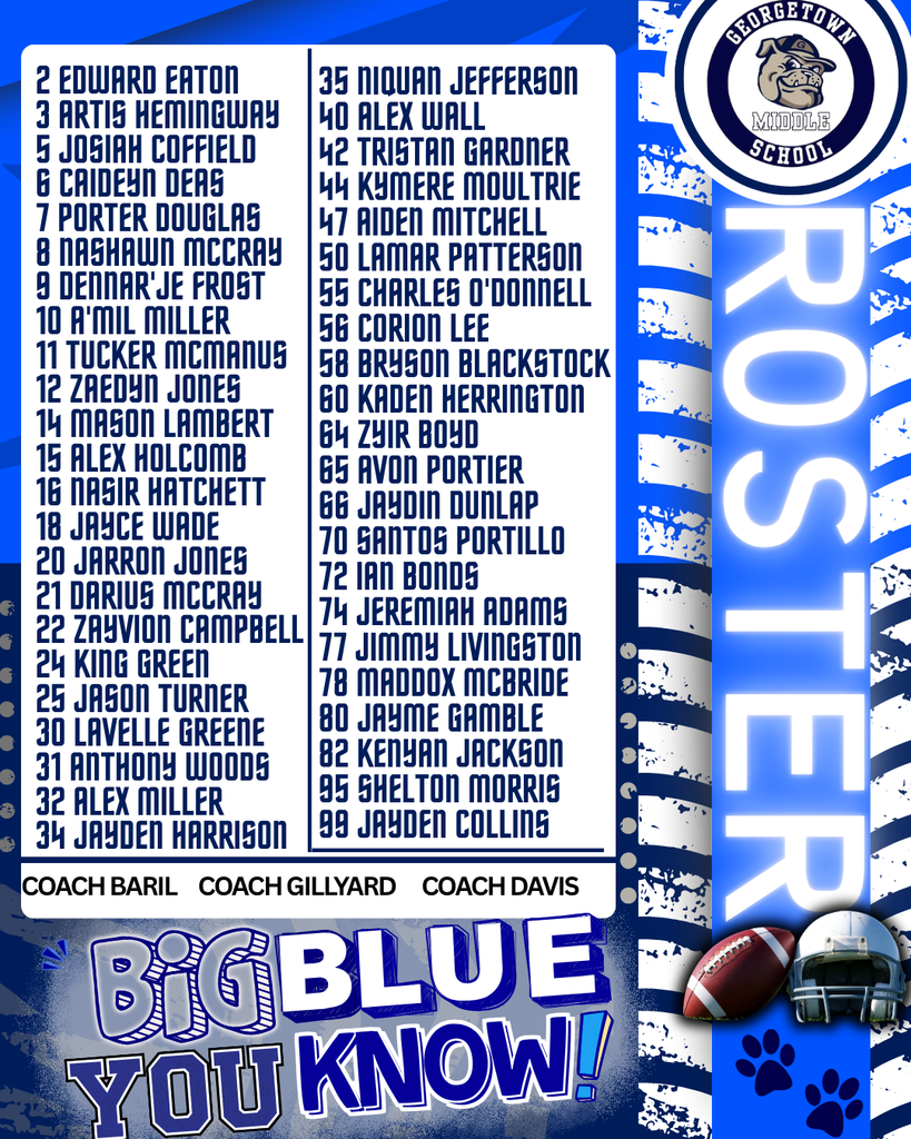 🚨🏈 BRING ‘EM OUT! BRING ‘EM OUT! 🏈🚨 🎉 Congrats to the BIGGEST… the LARGEST… YESSsssssss… 💙💥 BIIIGGGG BLLUUEEEE YOUUUUU KNOOOWWWWW!!! 💥💙 There’s only ONE way to call out our B-Team Football Squad — being led by the BEST: 👑 Coach Gilliard 💪 Coach Baril 🔥 Coach Davis 🏆 THE CHAMPS ARE HERE for 2025-2026! 🏆 📋 Squad Roll Call: 2️⃣ Edward Eaton 🏃♂️ WR/DB 3️⃣ Artis Hemingway 💨 RB/LB 5️⃣ Josiah Coffield ⚡ WR/DB 6️⃣ Caideyn Deas 🚀 WR/DB 7️⃣ Porter Douglas 💪 TE/DB 8️⃣ Nashawn McCray 🏃♂️ WR/DB 9️⃣ Dennar'je Frost ❄️ WR/DB 🔟 A'mil Miller 🎯 WR/DB 1️⃣1️⃣ Tucker McManus 🎯 QB/WR 1️⃣2️⃣ Zaedyn Jones 💥 RB/LB 1️⃣4️⃣ Mason Lambert 🚴♂️ RB/LB 1️⃣5️⃣ Alex Holcomb 🏃 WR/DB 1️⃣6️⃣ Nasir Hatchett 🔒 WR/DB 1️⃣8️⃣ Jayce Wade ⚡ WR/DB 2️⃣0️⃣ Jarron Jones 🛡 QB/OL/DL 2️⃣1️⃣ Darius McCray 💪 RB/LB 2️⃣2️⃣ Zayvion Campbell 💨 RB/LB 2️⃣4️⃣ King Green 👑 WR/DB 2️⃣5️⃣ Jason Turner 🚀 RB/LB 3️⃣0️⃣ Lavelle Greene ⚡ RB/LB 3️⃣1️⃣ Anthony Woods 🦾 TE/DL 3️⃣2️⃣ Alex Miller 💥 WR/DB 3️⃣4️⃣ Jayden Harrison 🏃♂️ WR/DB 3️⃣5️⃣ Niquan Jefferson 🚀 WR/DB 4️⃣0️⃣ Alex Wall 🛡 WR/DB 4️⃣2️⃣ Tristan Gardner 💨 RB/LB 4️⃣4️⃣ Kymere Moultrie 🦾 OL/DL 4️⃣7️⃣ Aiden Mitchell 🎯 WR/DB 5️⃣0️⃣ Lamar Patterson ⚡ RB/LB 5️⃣5️⃣ Charles O'Donnell 🦾 OL/DL 5️⃣6️⃣ Corion Lee 💪 OL/DL 5️⃣8️⃣ Bryson Blackstock 🛡 OL/DL 6️⃣0️⃣ Kaden Herrington 🦾 OL/DL 6️⃣4️⃣ Zyir Boyd 💪 OL/DL 6️⃣5️⃣ Avon Portier 🦾 OL/DL 6️⃣6️⃣ Jaydin Dunlap 🛡 OL/DL 7️⃣0️⃣ Santos Portillo 🦾 OL/DL 7️⃣2️⃣ Ian Bonds 💪 OL/DL 7️⃣4️⃣ Jeremiah Adams 🚀 RB/LB 7️⃣7️⃣ Jimmy Livingston 🦾 OL/DL 7️⃣8️⃣ Maddox McBride 💥 OL/DL 8️⃣0️⃣ Jayme Gamble ⚡ WR/DB 8️⃣2️⃣ Kenyan Jackson 🚀 WR/DB 9️⃣5️⃣ Shelton Morris 🦾 OL/DL 9️⃣9️⃣ Jayden Collins 🛡 OL/DL 💙🐾 Let’s go BIG BLUE — 2025-2026 is OUR year! 🐾💙