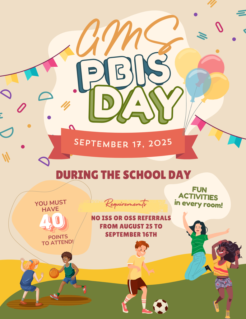 🎉💙 PBIS Day is Coming! 💙🎉 Mark your calendars — PBIS Day is September 17, 2025! 🙌 It will be a half-day of fun and celebration for all students who show positive behavior. 👉 To qualify, students must have: ✨ NO ISS or OSS referrals from August 25 – September 16, 2025 ✨ At least 40 PBIS Points (💰 No money involved—points only!) PBIS Day isn’t a national holiday—it’s a special GMS tradition to celebrate our students for following the Positive Behavior Interventions and Supports (PBIS) framework. 💫 We’ve got amazing things happening at BIG BLUE and we’re ready to show up and show out! 💙💪 GMS… we are out to do our BEST! BIIIGGG BLUEEE… YOOOUUU KNNOOWWW! 🔵✨