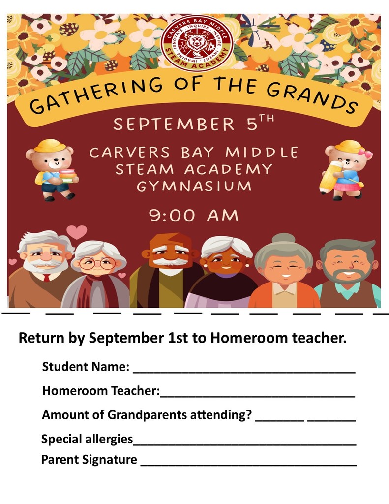 Calling All Grandparents!!! Hello Bear Family!. We are celebrating a" Gathering Of The Grands" on Friday, September 5, 2025. The event will take place in our Middle School gymnasium at 9:00 AM. Please RSVP by filling out the form provided with your student's name, their homeroom teacher's name, the amount of grandparents attending, and any special allergies your "grand" might have. Please don't forget to sign the RSVP and if you haven't already, return it by tomorrow, September 4th. Thanks everyone! #BEARPRIDE #ALWAYSABEAR