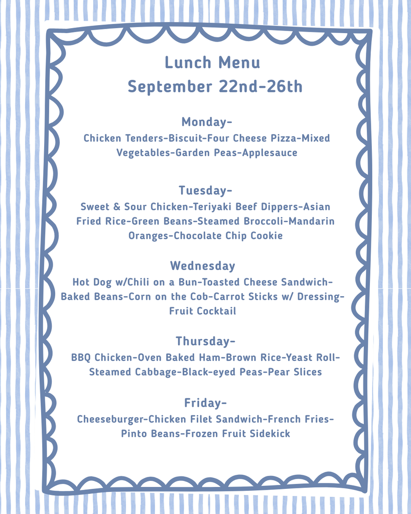 Lunch Menu for week of September 22