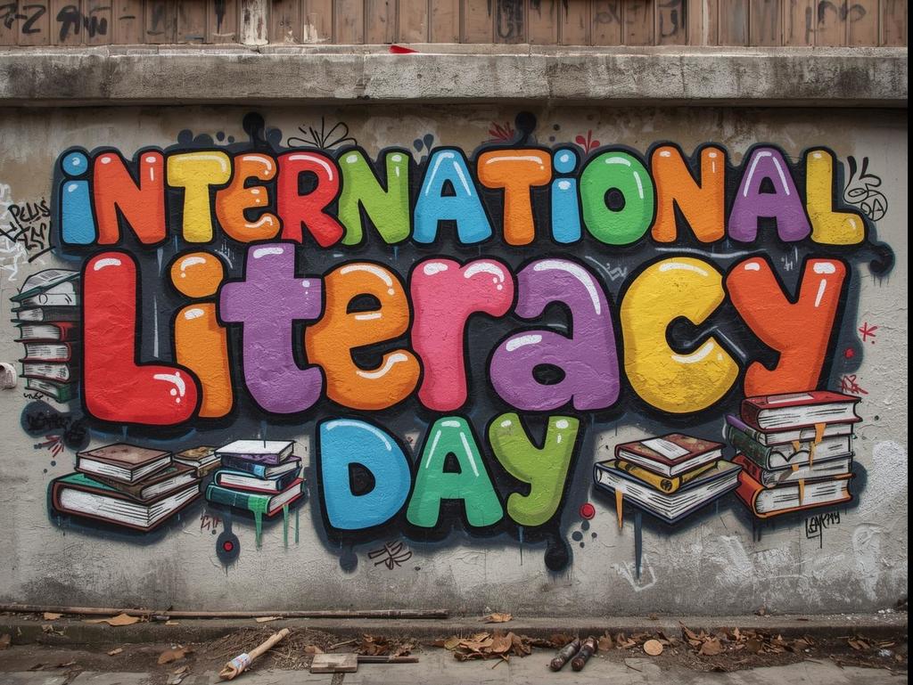 International Literacy Day in bubble letters graffitti  with books