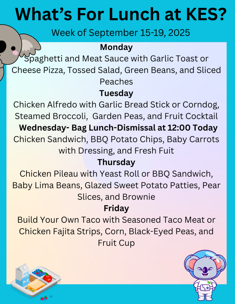 Lunch Menu for the week of September 15 can be found at https://www.schoolnutritionandfitness.com/webmenus2/#/view?id=68a4043d266c526c960744b7&siteCode=3076