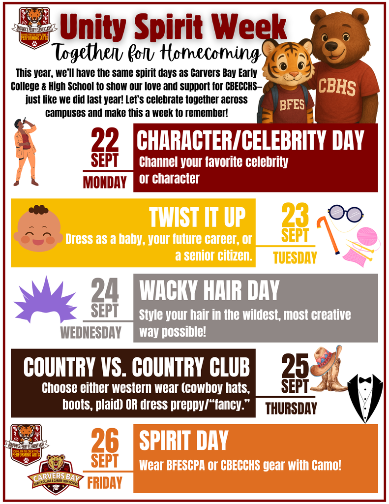 Unity Spirit Week flyer with mascots (tiger cub in BFES shirt, bear in CBHS shirt). Spirit Days: Mon 9/22 – Character/Celebrity Day; Tue 9/23 – Twist It Up (baby, career, senior); Wed 9/24 – Wacky Hair Day; Thu 9/25 – Country vs. Country Club (western or preppy); Fri 9/26 – Spirit Day (BFES or CBECHS gear with camo).