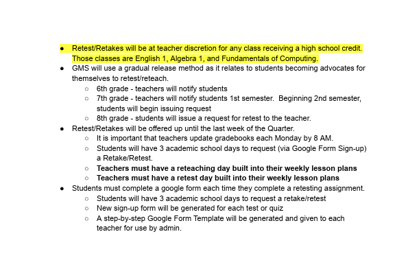 📚 GMS Retake & Retesting Policy  Georgetown Middle School offers students the chance to correct mistakes or retake certain tests, quizzes, and assignments to improve learning and grades. Students must follow specific guidelines, including deadlines and requesting retakes within 3 school days.  For full details, visit the Parent Information tab on the GMS website.