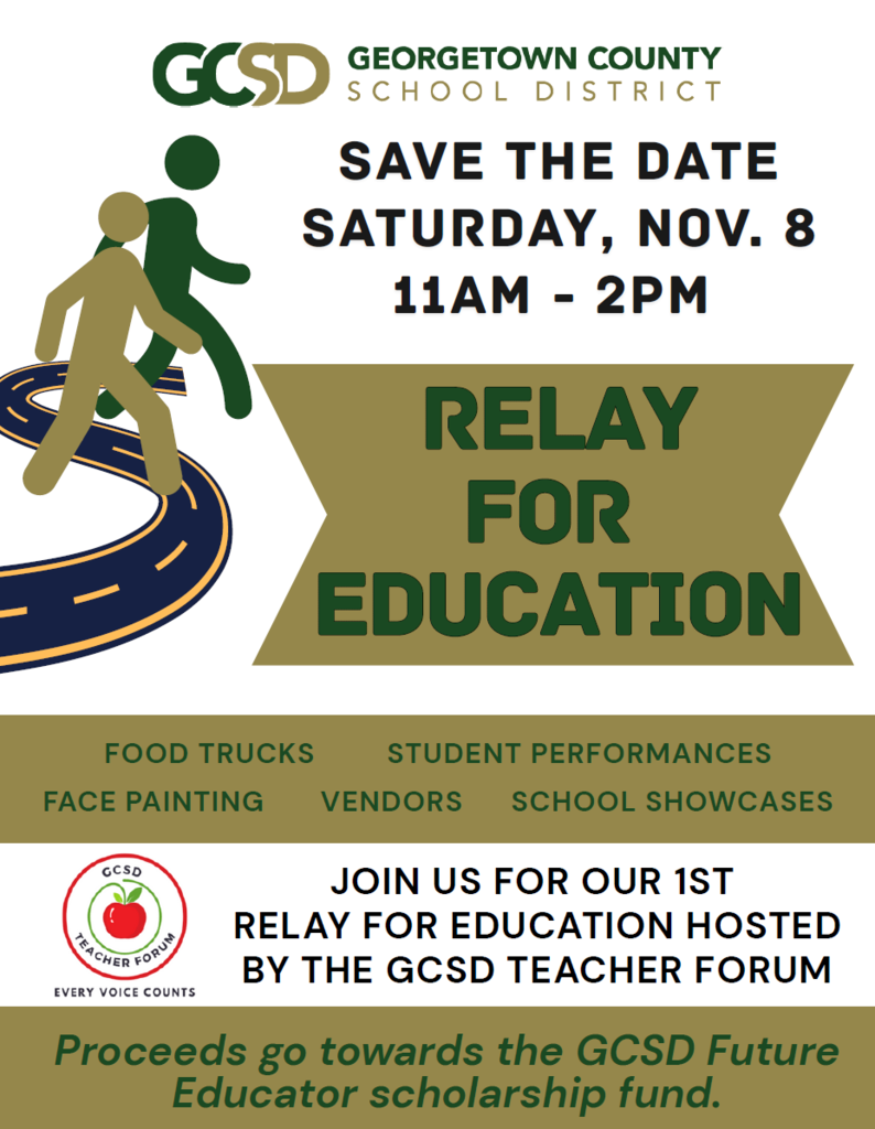Happy Friday.  Our GCSD Teacher Forum (a collection of the 25-26 TOYs) is hosting a fundraiser / community event.  "Relay for Education" will take place on Saturday, November 8, 2025.  This event has a theme similar to Relay for Life where GCSD employees, families, and students all come together. We would like for families and the community to get involved. Each school will have time to showcase good things happening/accomplishments, and students are welcome to walk along with their school team.  Let's do our part to help make this a great event!