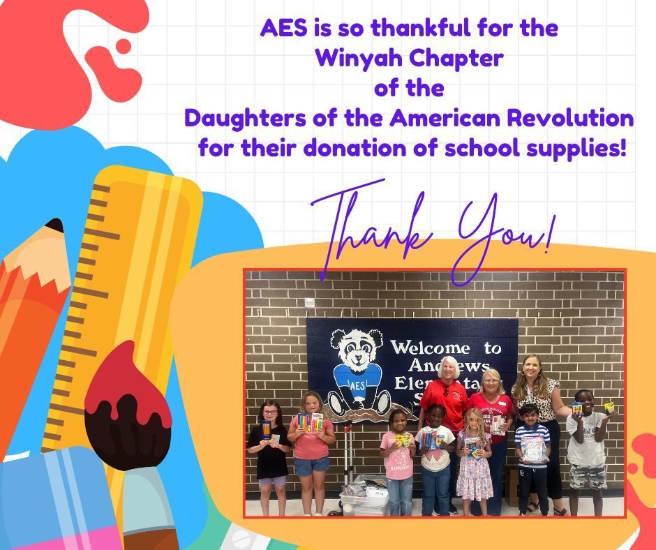 Thank you picture of the Daughters of the American Revolution donating school supplies
