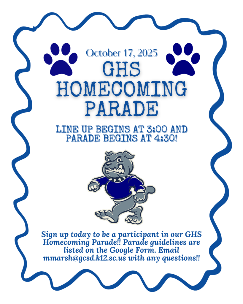 Sign up today to be a participant in our GHS Homecoming Parade that will take place on Friday, October 14, 2025 on Anthuan Maybank Drive! The guidelines are listed on the form. https://forms.gle/Wi1ybU6Zei5uvXFU9