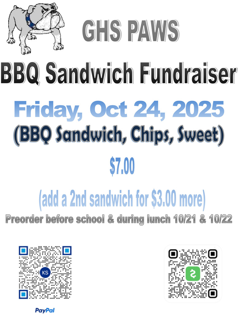 PAWS will be having a BBQ Sandwich Lunch on Friday, Oct. 24. You must pre-purchase your lunch using the links on the flyer. The PAWS officers will also be in front of the school on Tuesday, Oct. 21 and 22 to presell tickets as well.