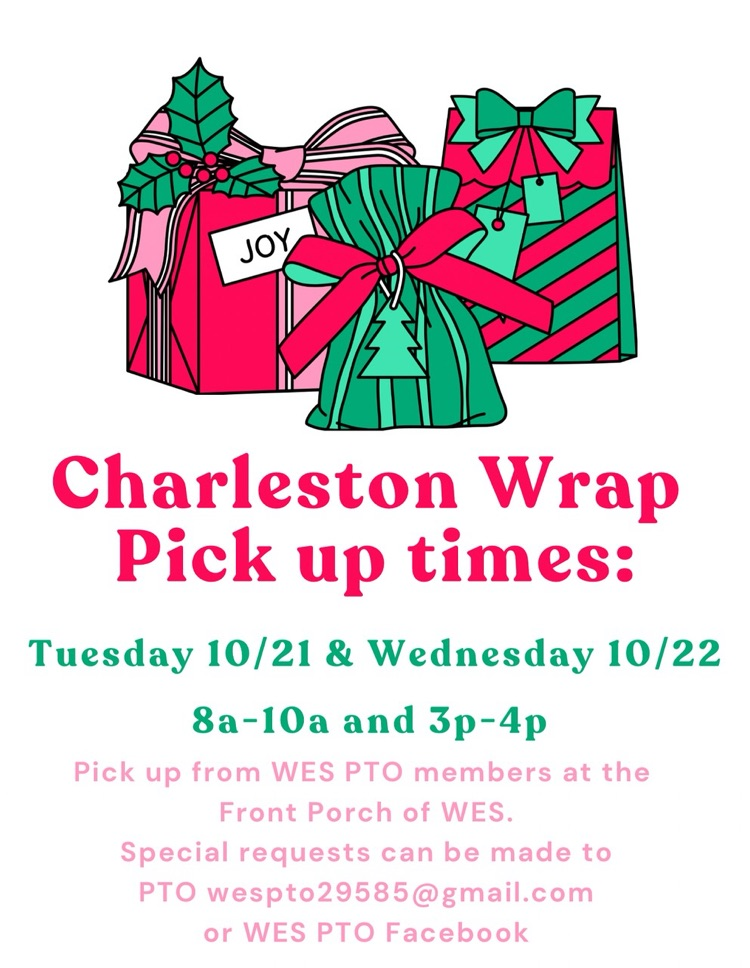 Charleston rock pick up times Tuesday 1021 and Wednesday 1022 8 AM to 10 AM and 3 PM to 4 PM. Pick up from WES PTO members at the front porch of WES. Special request can be made PTO at email or Facebook page.