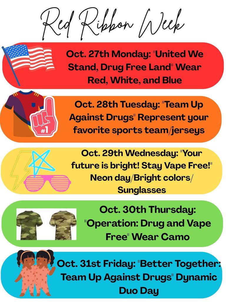 🎉💙 BIG BLUE IS PROMOTING TO BE DRUG FREE! ❤️🤍💙 It’s almost time for Red Ribbon Week 2025 and we’re ready to show our Bulldog pride as we take a stand against drugs and vaping! 🐾🚫  Here’s how we’re celebrating each day! 👇  📅 October 27 (Monday) – 🇺🇸 United We Stand, Drug Free Land! Wear RED, WHITE & BLUE to show your pride!  📅 October 28 (Tuesday) – 🏈 Team Up Against Drugs! Represent your favorite sports team or jersey!  📅 October 29 (Wednesday) – 😎 Your Future is Bright, Stay Vape Free! Rock your neon, bright colors, and sunglasses!  📅 October 30 (Thursday) – 🎖️ Operation: Drug and Vape Free! Dress in camo to show you’re on the mission to stay drug free!  📅 October 31 (Friday) – 👯‍♀️ Better Together – Team Up Against Drugs! It’s Dynamic Duo Day! Grab a friend and match up!  Let’s light up the halls with school spirit and positivity as we take a stand against drugs, vaping, and negativity! 💪💙