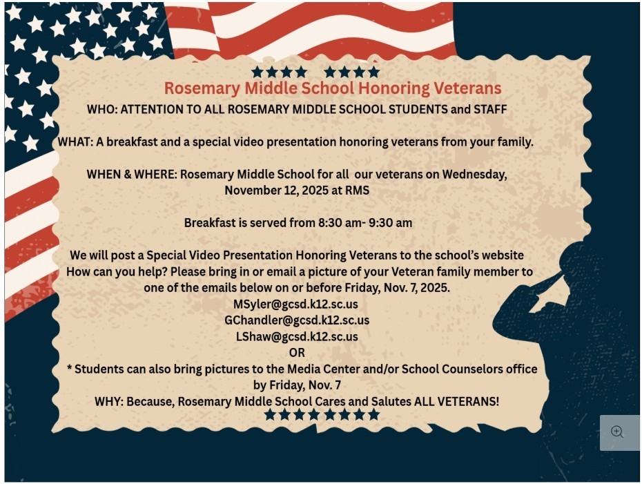 RMS is honoring Veterans Wednesday, Nov.  at 8:30 am with a Breakfast in the cafe'