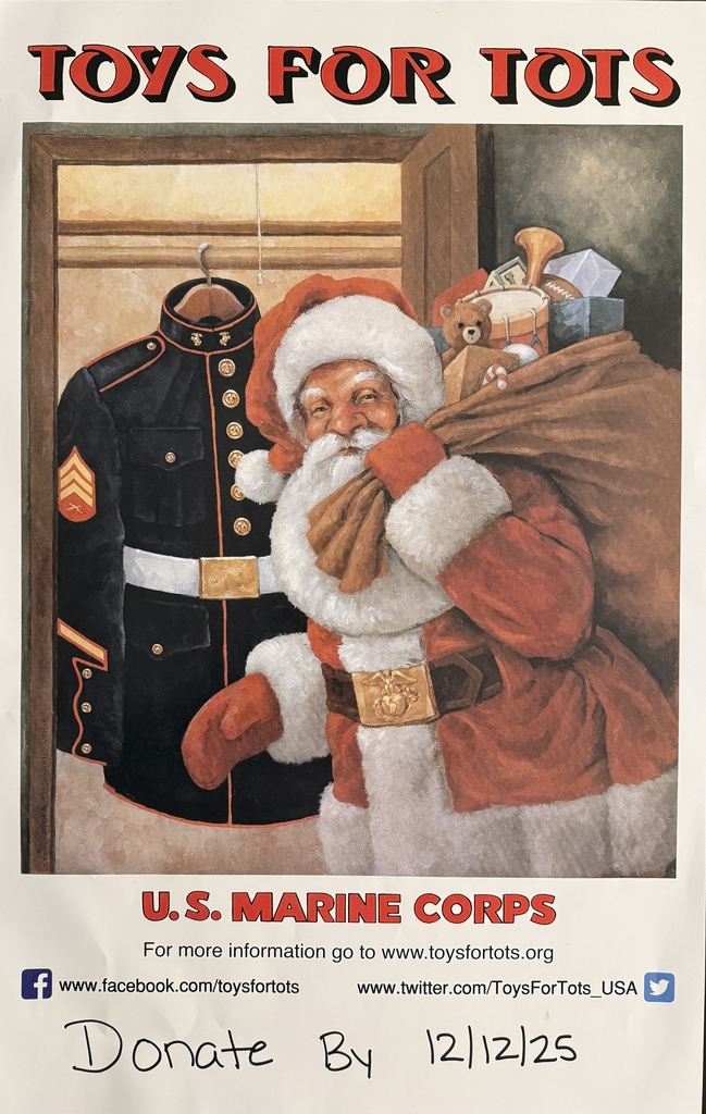 A Toys for Tots poster featuring Santa Claus carrying a brown sack of toys over his shoulder. Behind him is a U.S. Marine Corps dress uniform hanging on a rack, symbolizing the partnership between Toys for Tots and the Marines. The text reads “Toys for Tots” at the top and “U.S. Marine Corps” at the bottom, with links to the Toys for Tots website and social media. A handwritten note says “Donate by 12/12/25.”