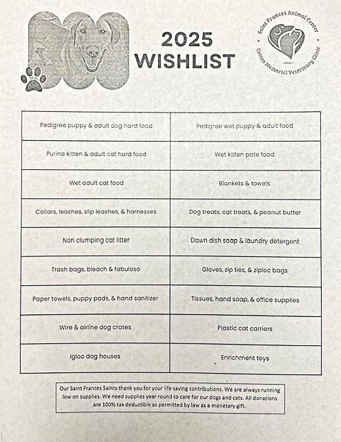 St. Francis Animal Center wish list