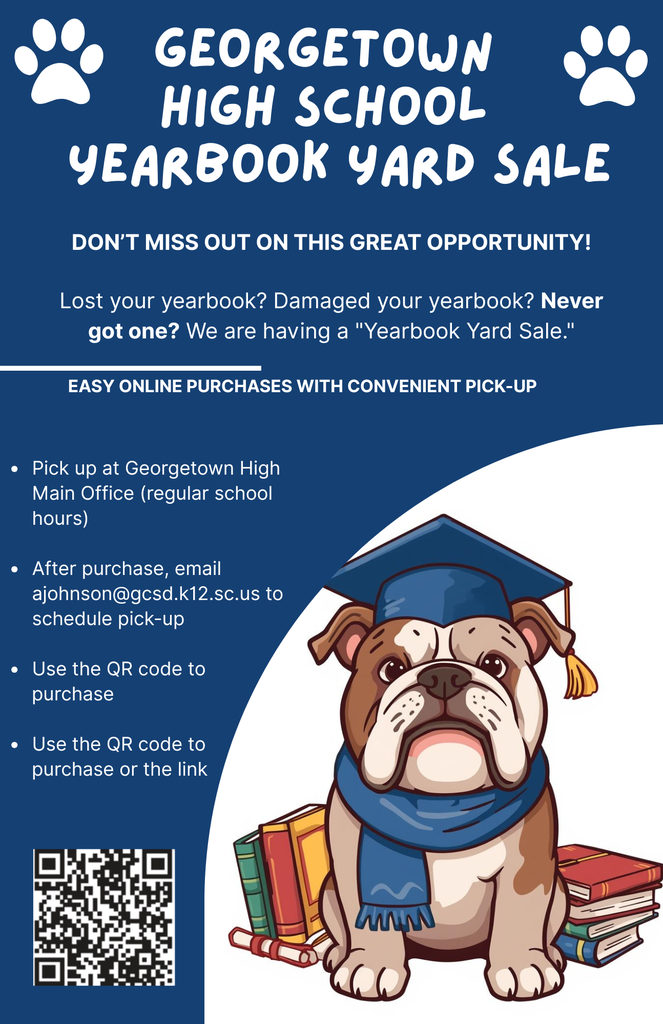 We are having a "Yearbook Yard Sale".  Lost your yearbook. Damaged your yearbook? Never got one?  Please purchase your yearbook by scanning the QR code or using the link: https://events.hometownticketing.com/boxoffice/gcsd/L2VtYmVkL2FsbD9zY2hvb2xzPTEy 
