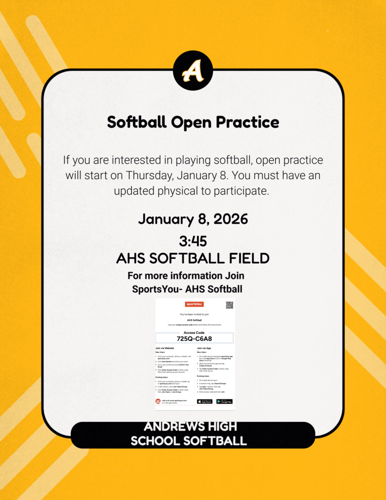 AHS Softball If you are interested in playing softball, open practice will start Thursday, Jan. 8 at 3:45