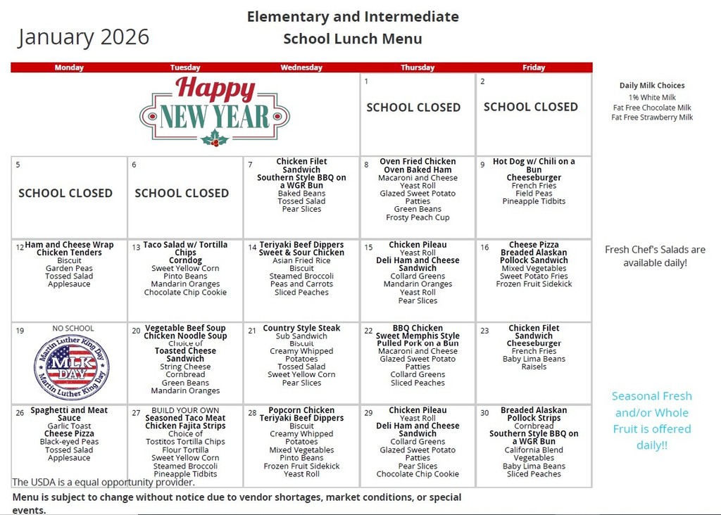 January's Lunch Menu