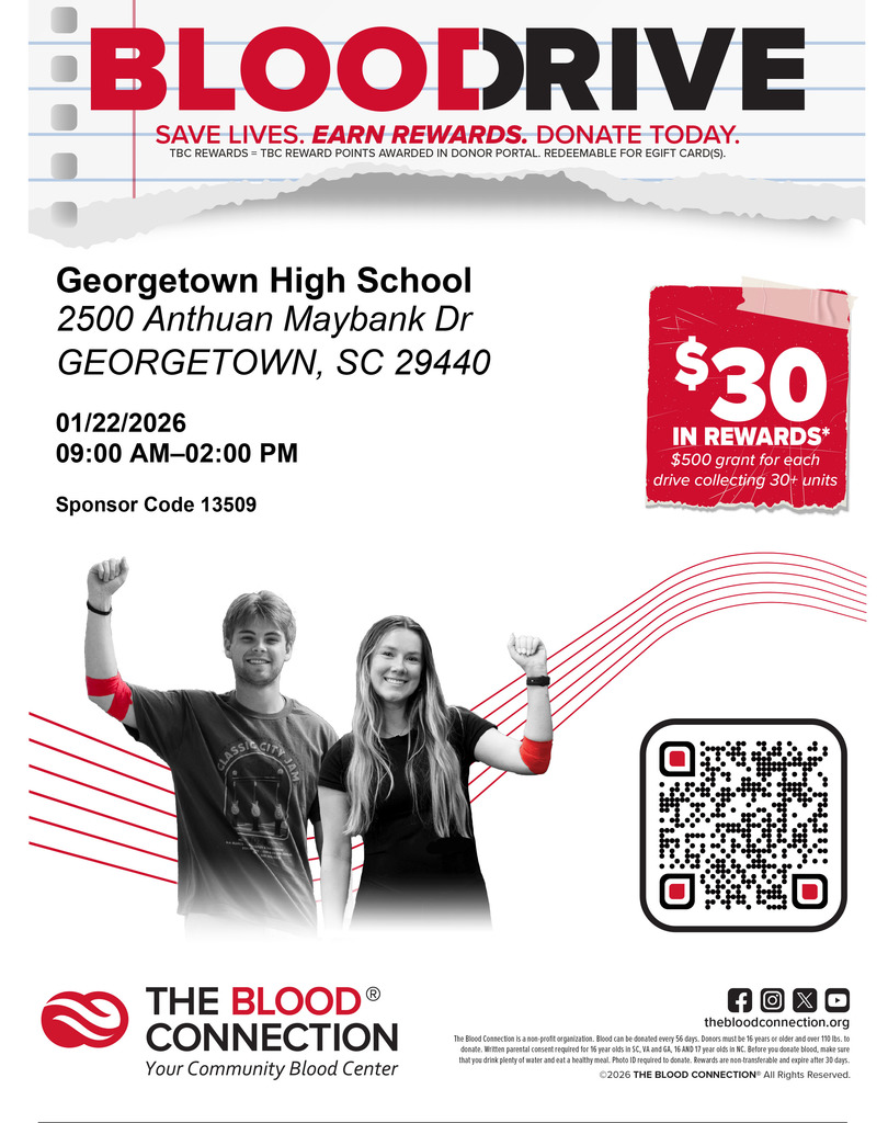 HOSA Sponsored Blood Drive – Thursday, January 22 – 9:00am-1:45pm – Room 374 - Donors will receive a $30 e-gift card. If interested, please sign up with Mrs. Poston in room 374. You must be at least 16 years old AND have a parent's permission form signed. Please bring a GOVERNMENT Issued ID with you AND your student ID.