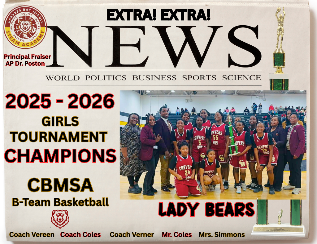 School created newspaper showing a picture of the girls basketball team, alongside the coaches and principal. They are the 2025-2026 girls Team Champions.