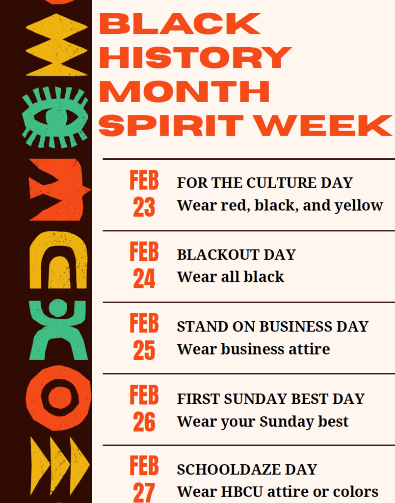 Here at BIG BLUE 💙🐾, we are celebrating Black History Month Spirit Week in style! 🗓 February 23–27 ❤️💛🖤 Feb 23 – For the Culture Day Wear red, black, and yellow 🖤 Feb 24 – Blackout Day Wear all black 💼 Feb 25 – Stand on Business Day Wear your business attire 👗🤵🏾 Feb 26 – First Sunday Best Day Wear your Sunday best 🏫🎓 Feb 27 – SchoolDaze Day Wear your favorite HBCU attire or colors Let’s show up, show out, and celebrate the culture the BIG BLUE way! 💙✨