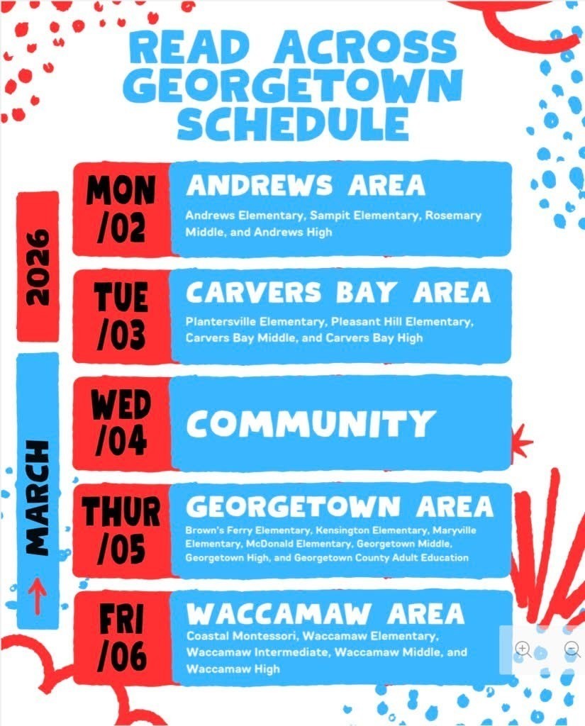 Georgetown, it's time to READ!!! Read Across Georgetown is a county-wide celebration of reading during Read Across America Week - March 2-6. Each attendance area has a day to spotlight reading at their schools, and Wednesday, March 4th is Community Reading Day for readers throughout the county to participate! Students will log their minutes at school on Beanstack. How does the community participate? Read anything. Count how many minutes you read. Post your total on March 4 on Facebook. Use the hashtag: #ReadAcrossGeorgetown We will track the hashtag to help calculate a county-wide total. Optional: • Share a photo • Share your book title • Tag your business or organization No forms. No sign-ups. Just reading. Time Spent Reading Matters!!!