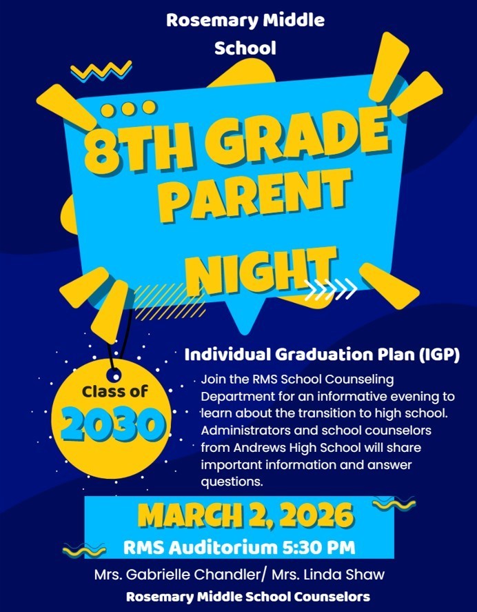 8th grade IGP parent night flyer March 2, 2026 RMS Auditorium 5:30 pm