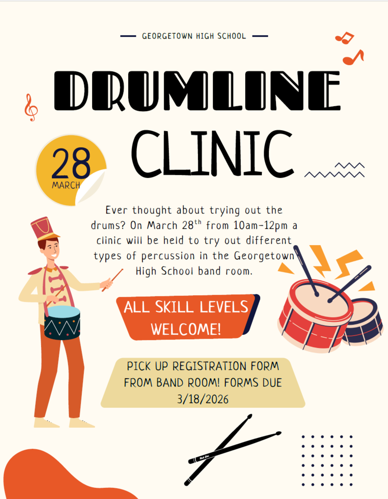 📣🥁 Calling All Future Band Stars! 🎺✨ The High School Band Director has announced an exciting opportunity for our students! There will be a Color Guard Clinic and Drumline Clinic coming up soon, and it’s the perfect chance for students to learn new skills, meet other band members, and see what all the band excitement is about. If you are interested in participating, Mr. Bailey is the contact person here at GMS. He will have the registration forms available and will collect them once they are completed. 💲 Clinic Fee: $10 Now listen… if you’ve ever been tapping on the lunch table, beating on the desk, or drumming on pots and pans at home… 👀 this might be your calling! Your parents might actually be happy to see you drum somewhere other than in the kitchen. 😂 Come out, learn something new, and let’s make some noise the RIGHT way! 🎶