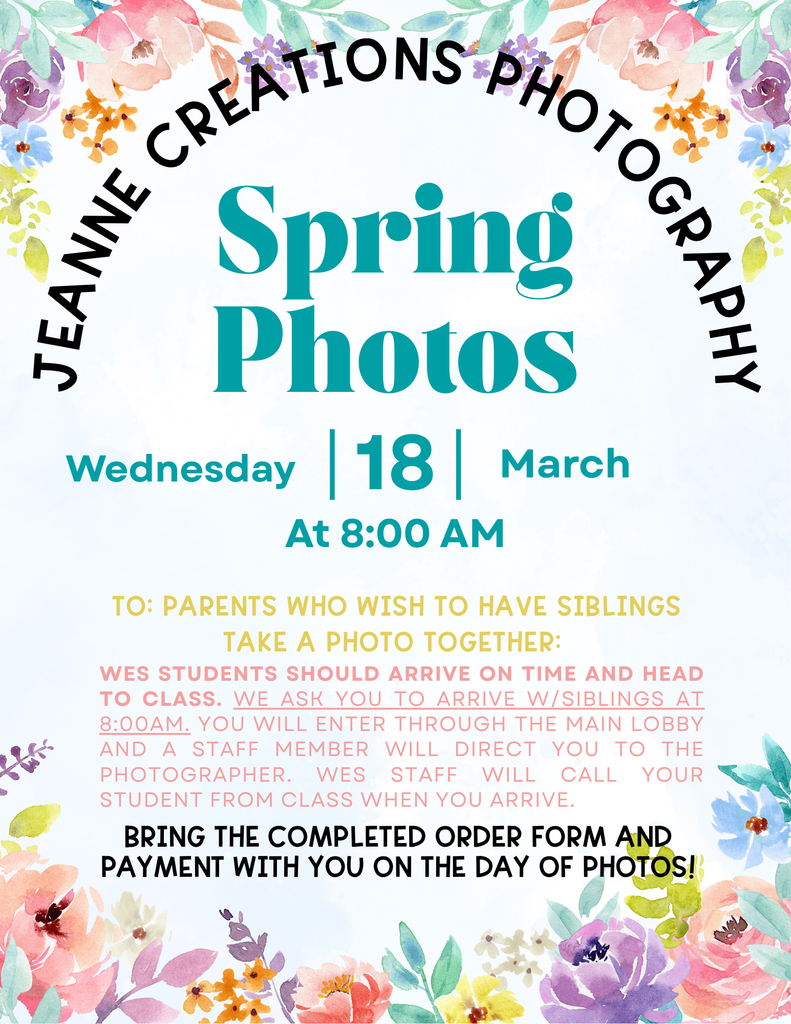 Flyer for Spring Photos with Jeanne Creations Photography on Wednesday, March 18 at 8:00 AM, with instructions for parents bringing siblings for photos.