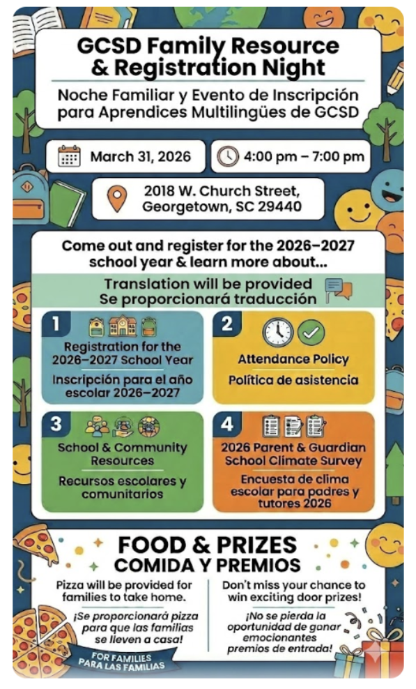lyer for GCSD Family Resource & Registration Night on March 31, 2026, 4–7 PM in Georgetown, SC, featuring school registration, resources, translation services, free pizza, and prizes.