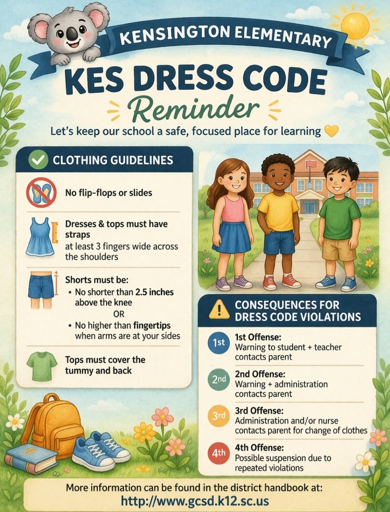 School dress code flyer. Dress code can be found in the handbook on the GCSD webpage.