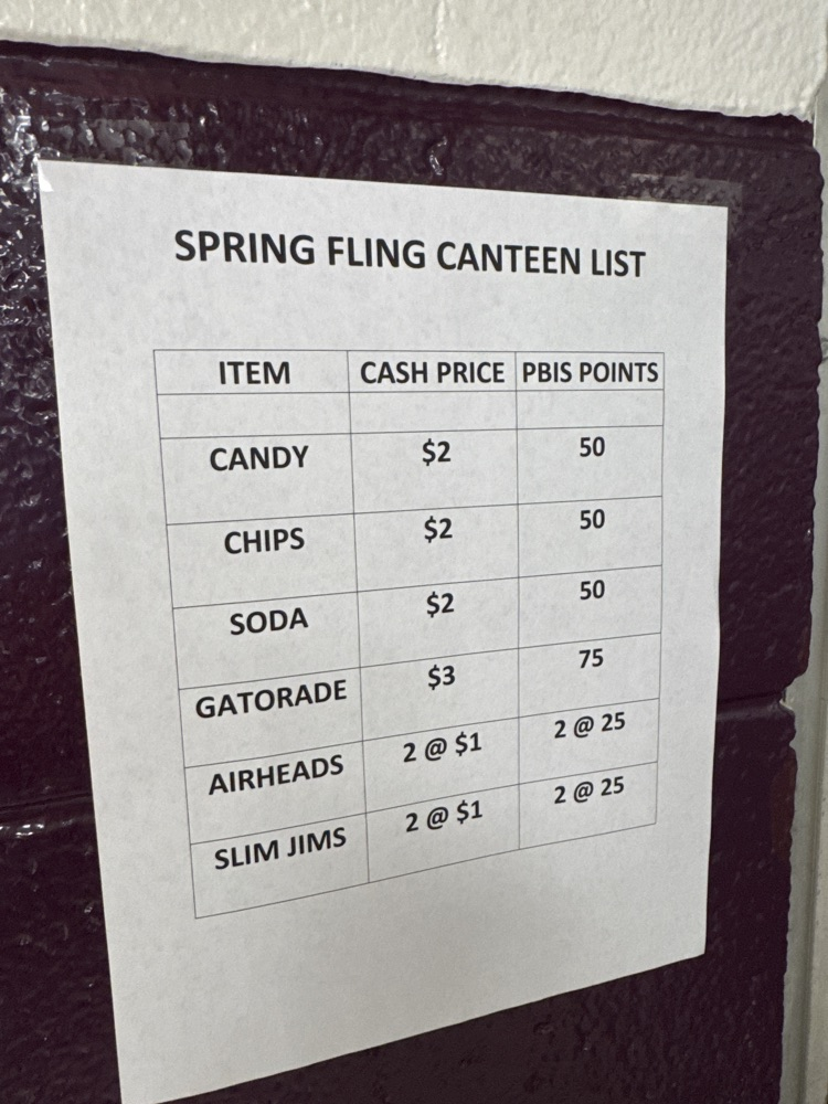 Spring Fling canteen price list