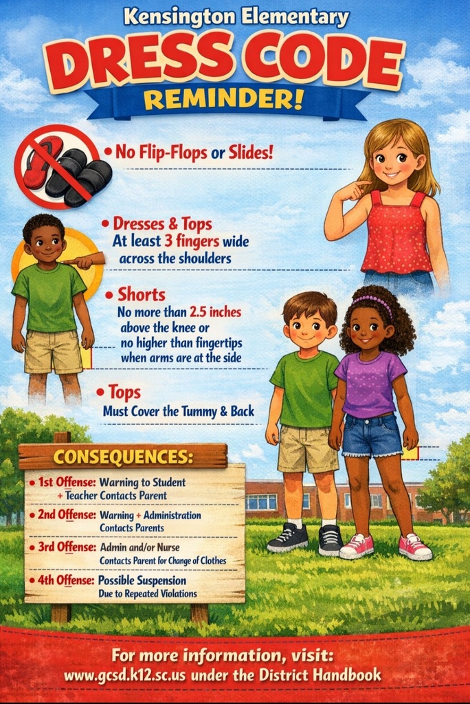 Reminder flyer of the GCSD Dress code; no flip-flops or slides, shorts/dresses/skirts must be no more than 2.5 inches above the knee