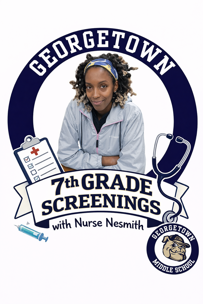 🚨 BIG BLUE ALERT – 7th Grade Parents! 🐾  GMS will be conducting mass health screenings for all 7th grade students on Wednesday, April 22!  🦷 Dental 👀 Vision 👂 Hearing  If you DO NOT want your child to participate or have any questions, please contact Nurse Nesmith or the school.  📧 MINesmith@gcsd.k12.sc.us  📞 843-527-4495  Let’s keep our Bulldogs healthy