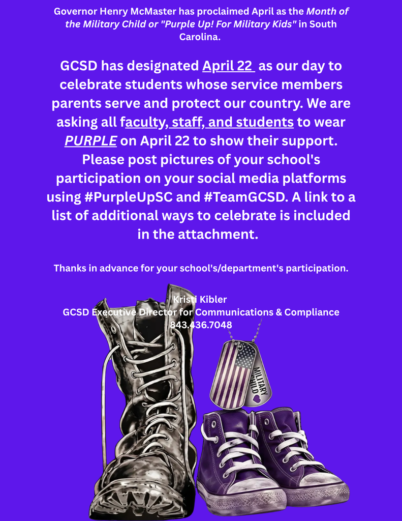 Purple flyer with adult military boots and a pair of kid's sneakers, explaining the meaning behind Purple Up for Military Kids.