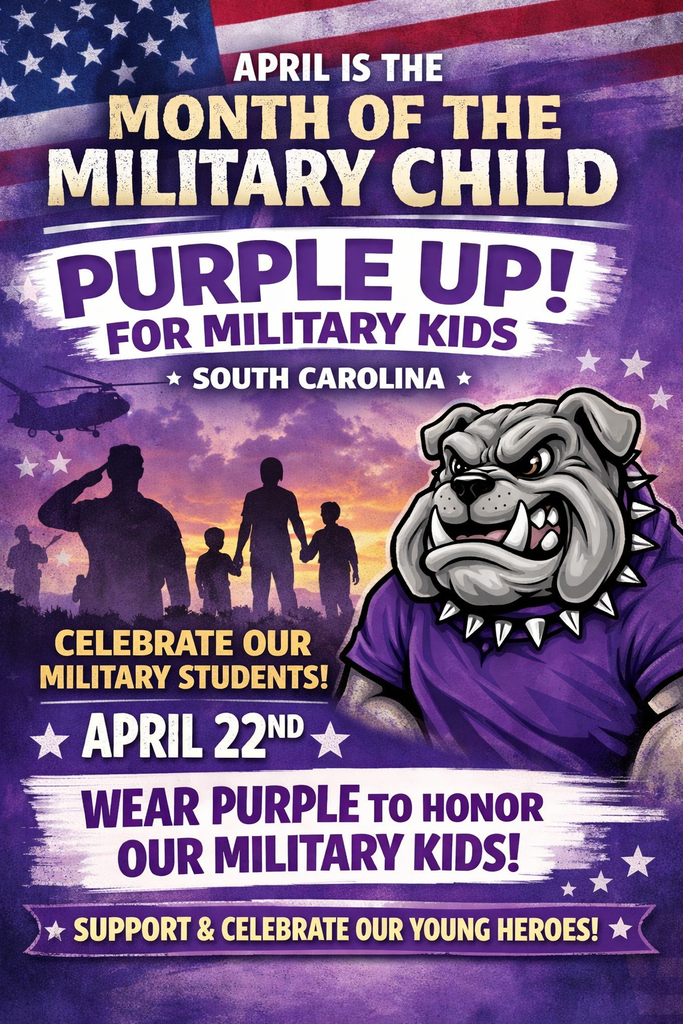 Governor Henry McMaster has proclaimed April as the Month of the Military Child or "Purple Up! For Military Kids" in South Carolina. GCSD has designated April 22 as our day to celebrate students whose service members' parents serve and protect our country.  Wear purple to show your support!