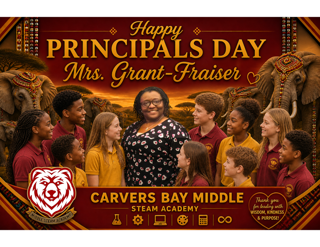Mrs. Grant-Fraiser standing and surrounded by students wearing  burgundy and gold shirts on a flyer.