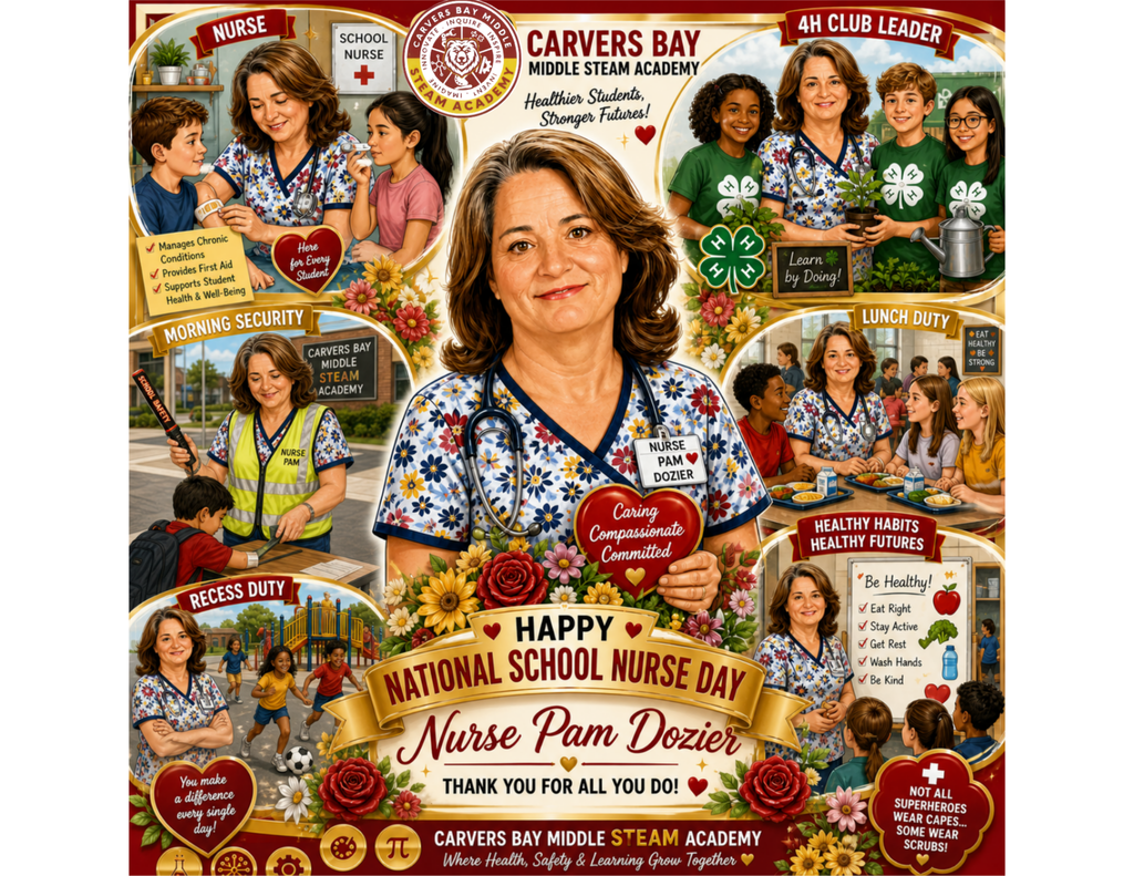 Caricature of Nurse Dozier for National School Nurse Day.