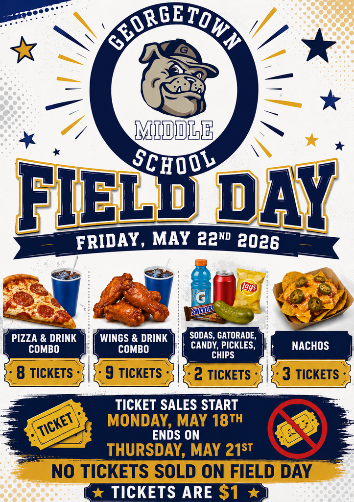💙☀️ FIELD DAY FUN IS ON THE WAY BIG BLUE! ☀️💙 Get ready to let your hair hang down, relax, laugh, and HAVE A BALL at GMS Field Day on Friday, May 22, 2026! 🥳🏃🏽♂️🎉 🎟️ Tickets are $1 each 🌭 Food & Snack Prices: 🍕 Pizza + Drink Combo — 8 Tickets 🍗 Wings + Drink Combo — 9 Tickets 🥤 Sodas, Gatorade, Candy, Pickles & Chips — 2 Tickets 🧀 Nachos — 3 Tickets 🗓️ Ticket Sales Begin Monday, May 18th 🗓️ Last Day to Purchase Tickets: Thursday, May 21st 🚨 NO tickets will be sold on Field Day, so grab them early! FUN FUN FUN is the mission! 😎💙 Time to relax, enjoy your friends, laugh loud, and make memories at BIG BLUE! 🐾🎉