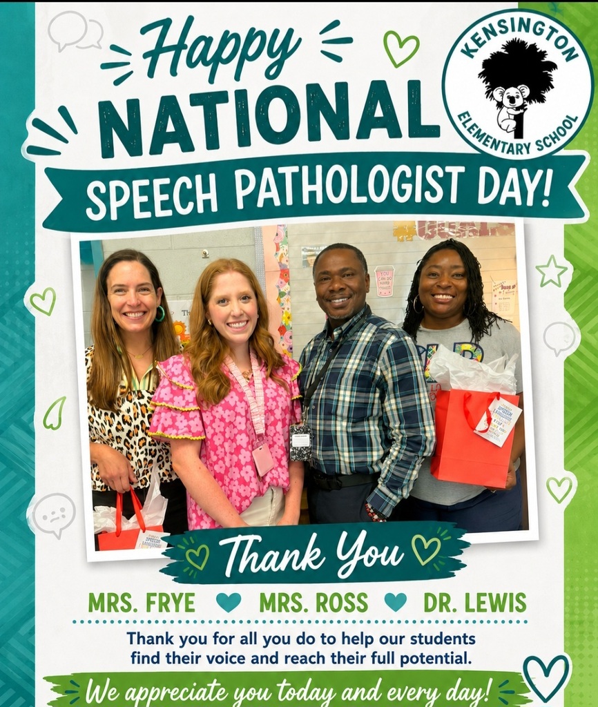 Flyer for National Speech Pathologist Day with a photo of Mrs. Frye, Mrs. Ross, Dr. Cobb, and Dr. Lewis holding gift bags.