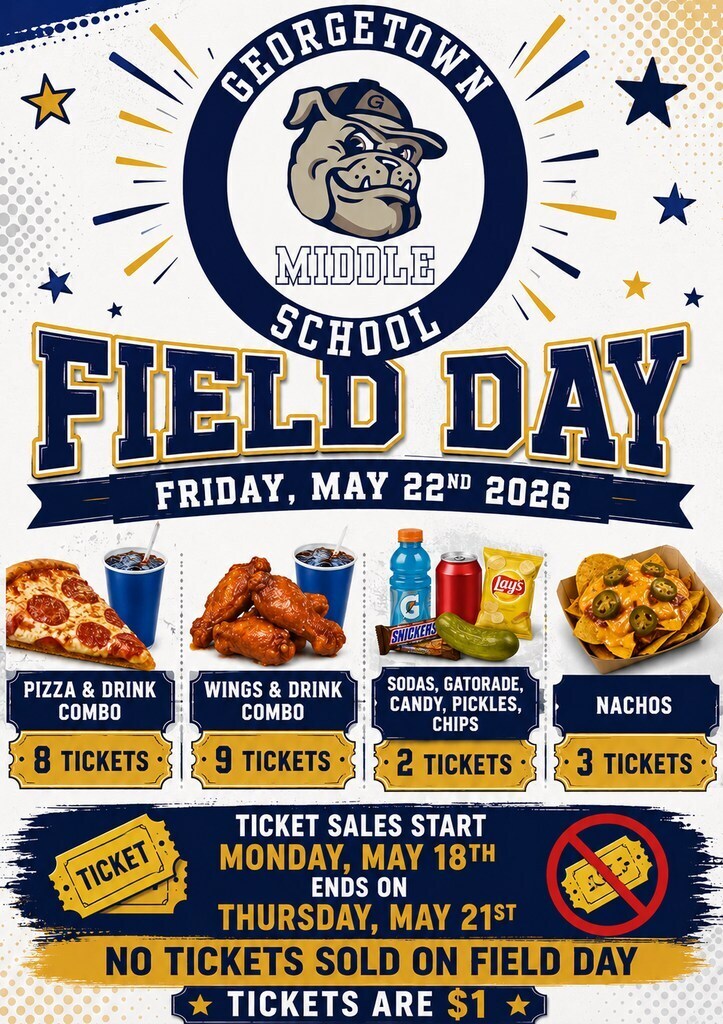 Get ready to let your hair hang down, relax, laugh, and HAVE A BALL at GMS Field Day on Friday, May 22, 2026! Tickets are $1 each Food & Snack Prices: Pizza + Drink Combo — 8 Tickets Wings + Drink Combo — 9 Tickets Sodas, Gatorade, Candy, Pickles & Chips — 2 Tickets Nachos — 3 Tickets Mr. Softee and Kona Ice will be present also. Ticket Sales Begin Monday, May 18th Last Day to Purchase Tickets: Thursday, May 21st NO tickets will be sold on Field Day, so grab them early! FUN FUN FUN is the mission! Time to relax, enjoy your friends, laugh loud, and make memories at BIG BLUE!